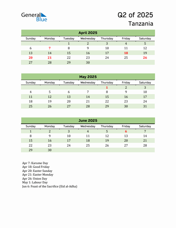 Quarterly Calendar 2025 with Tanzania Holidays