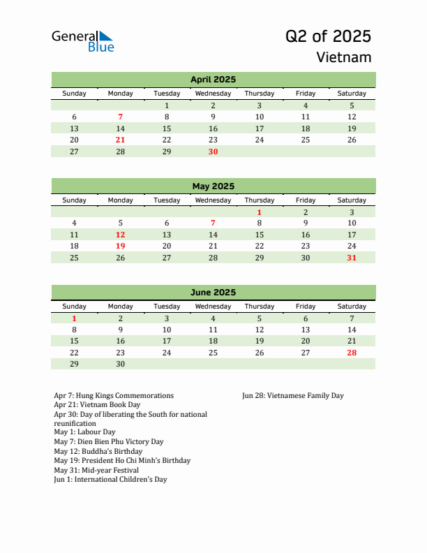 Quarterly Calendar 2025 with Vietnam Holidays