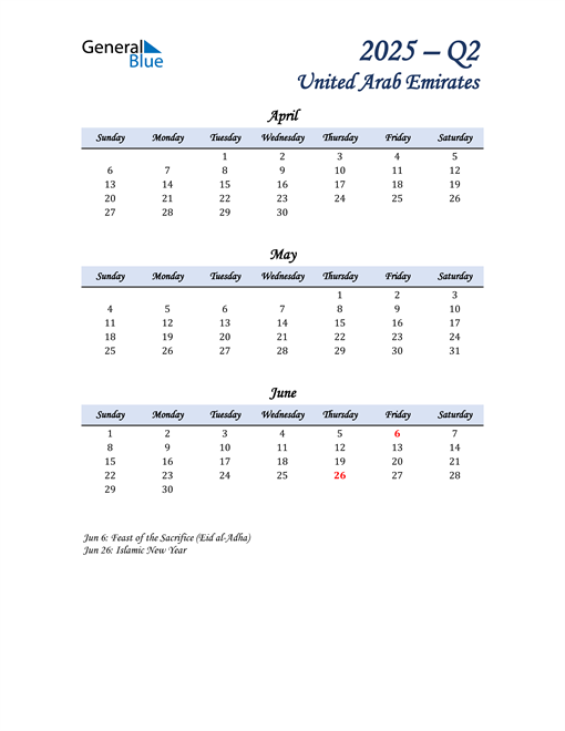  April, May, and June Calendar for United Arab Emirates