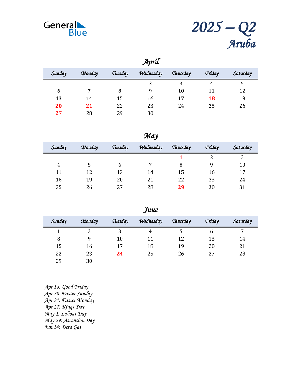  April, May, and June Calendar for Aruba