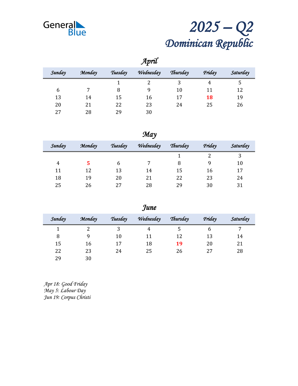  April, May, and June Calendar for Dominican Republic
