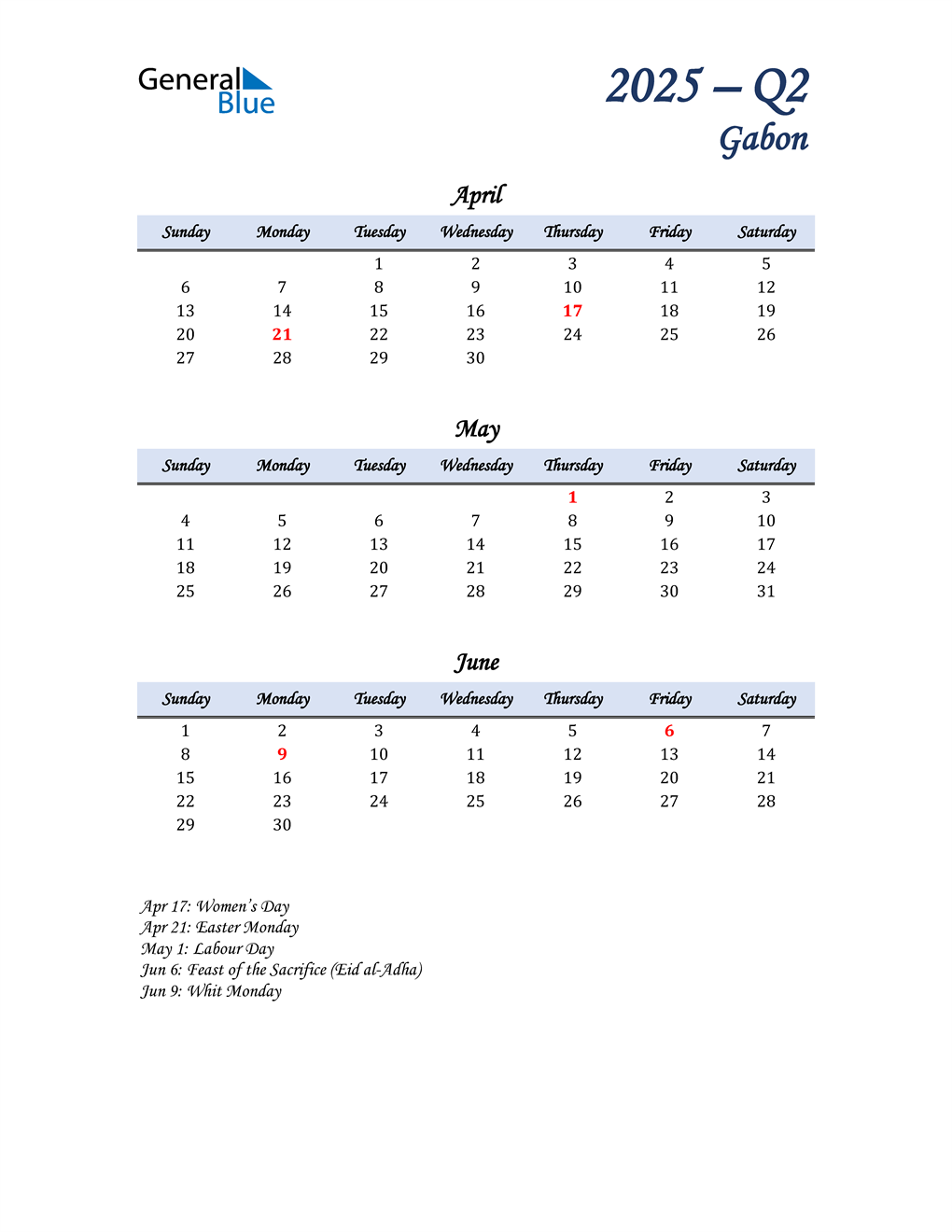  April, May, and June Calendar for Gabon