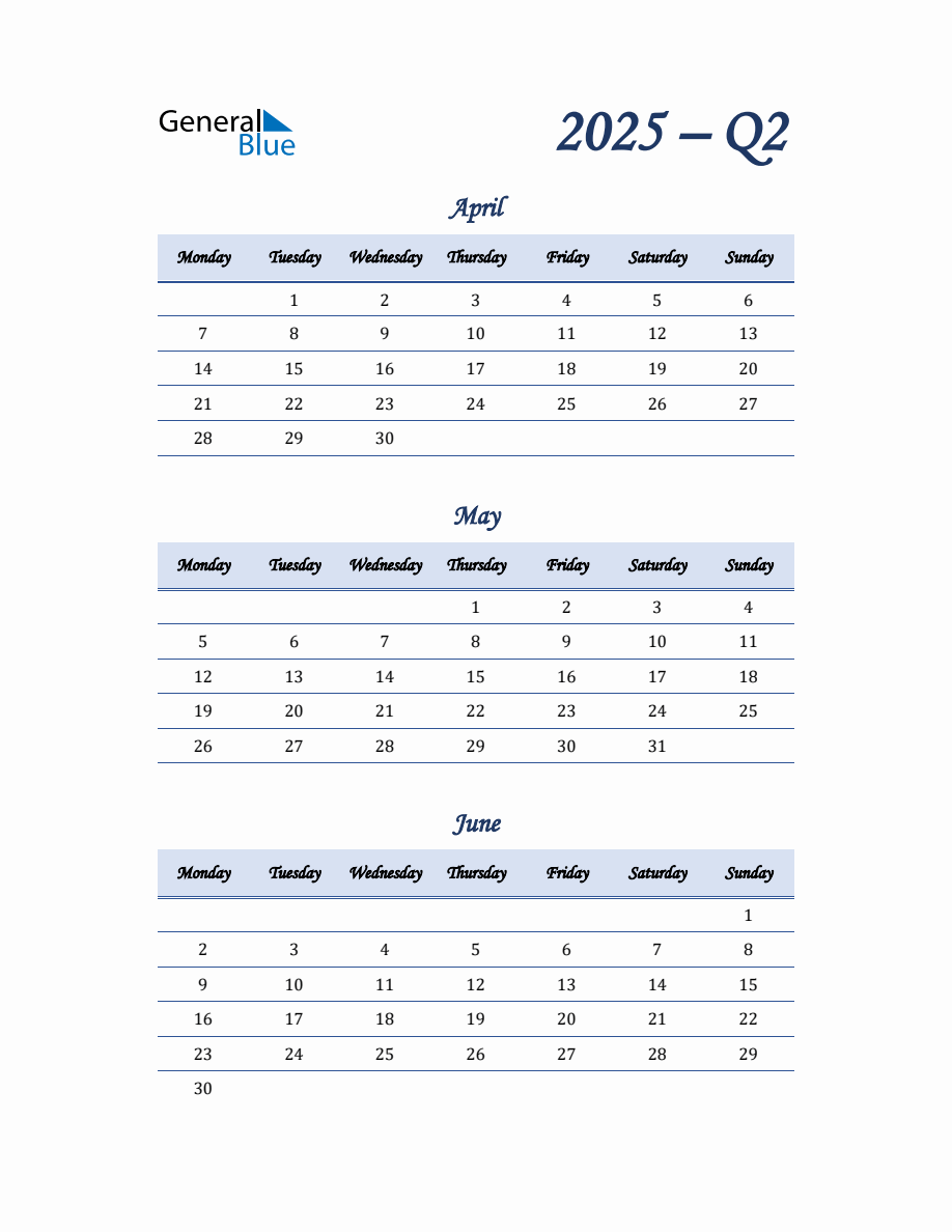 Quarterly Calendar for Quarter 2 2025 in PDF, Word, Excel