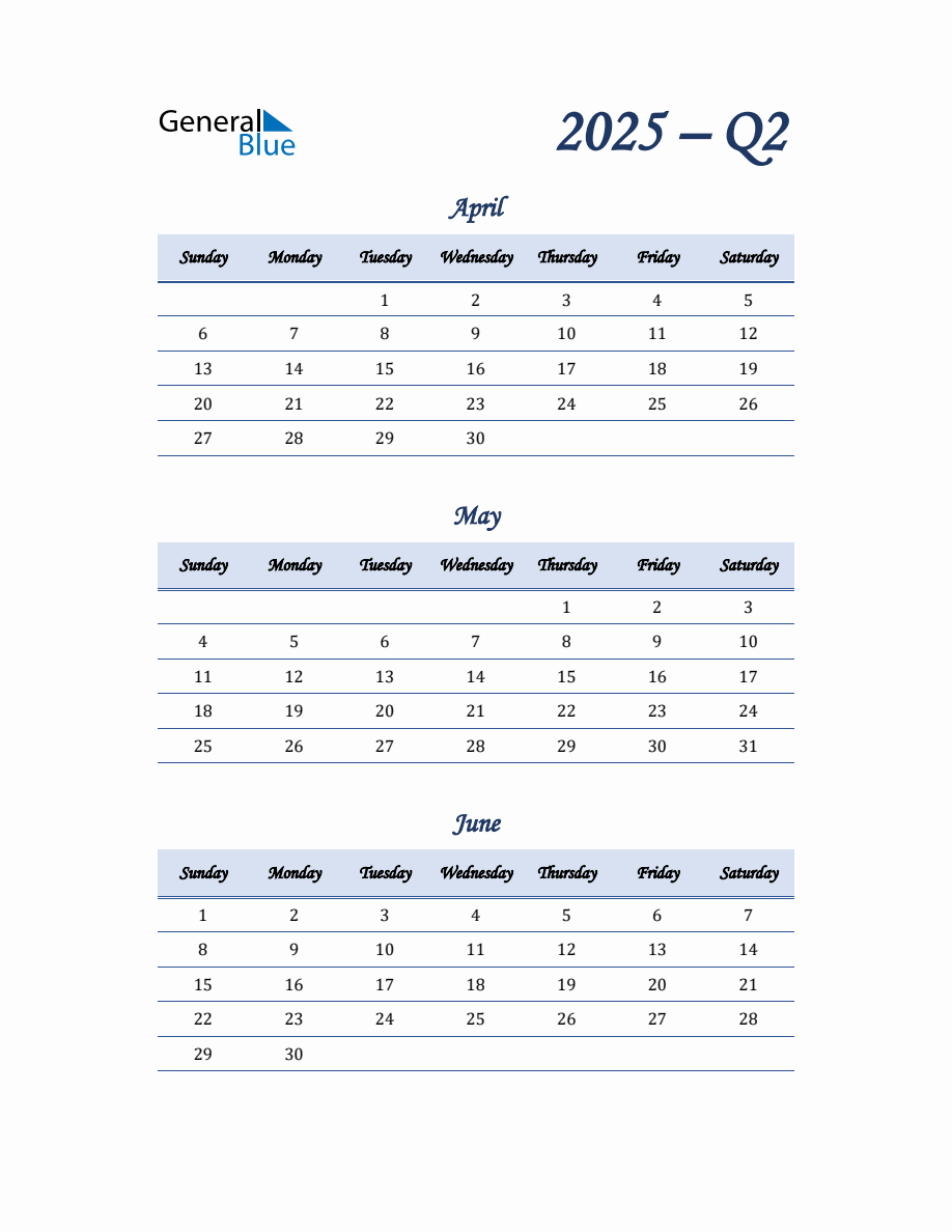 Quarterly Calendar for Quarter 2 2025 in PDF, Word, Excel