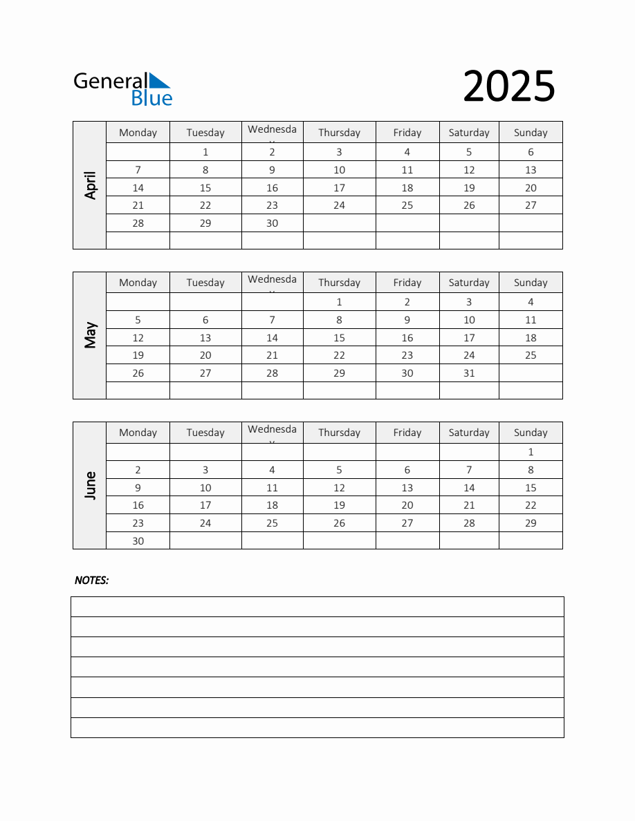 Q2 2025 Calendar Template with Notes in PDF, Word, and Excel