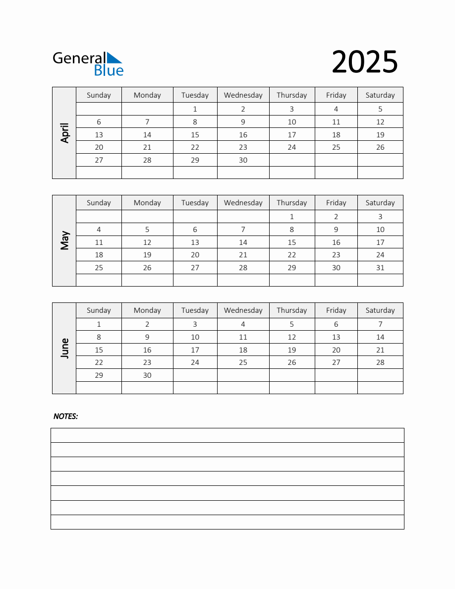 Q2 2025 Calendar Template with Notes in PDF, Word, and Excel