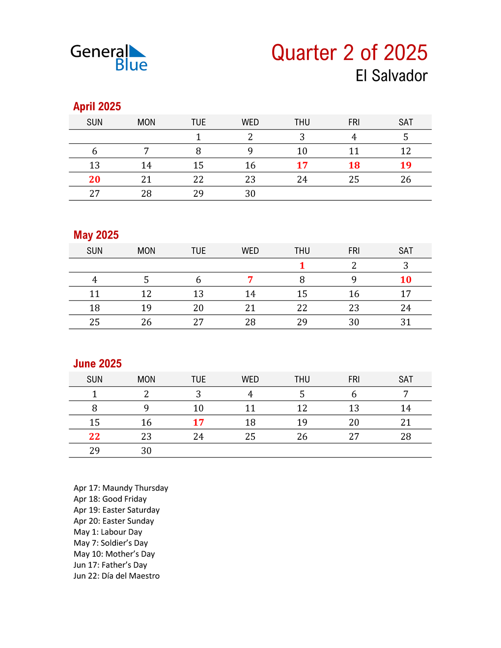  Printable Three Month Calendar for El Salvador