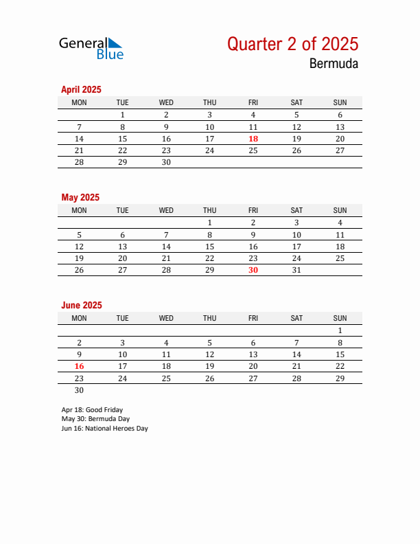 Threemonth calendar for Bermuda Q2 of 2025
