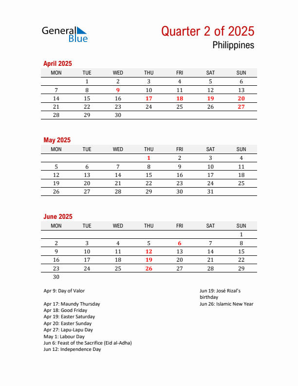 Threemonth calendar for Philippines Q2 of 2025