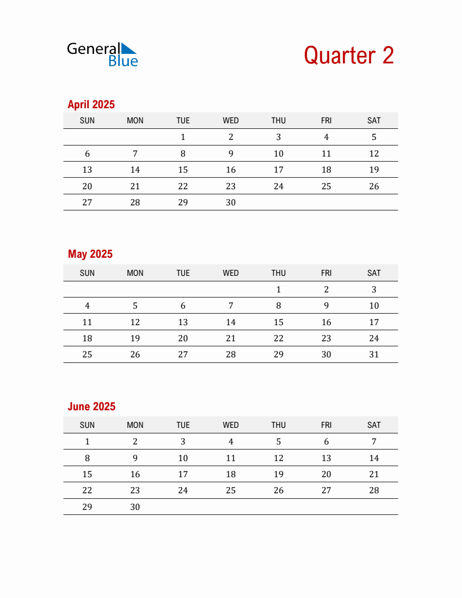 Quarter 2 2025 Calendar Printable (PDF, Word, Excel)