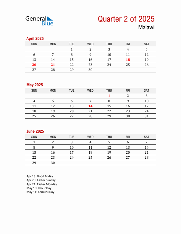 Printable Three Month Calendar with Malawi Holidays
