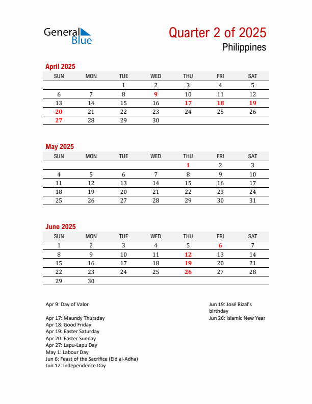 Printable Three Month Calendar with Philippines Holidays