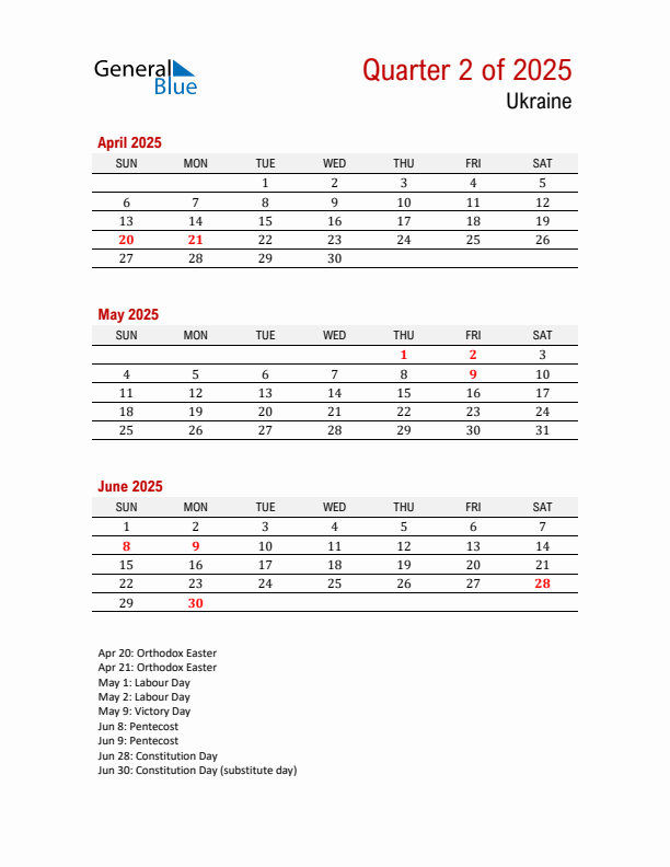 Q2 2025 Quarterly Calendar with Ukraine Holidays