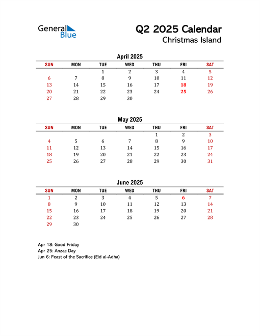  2025 Q2 Calendar with Holidays List