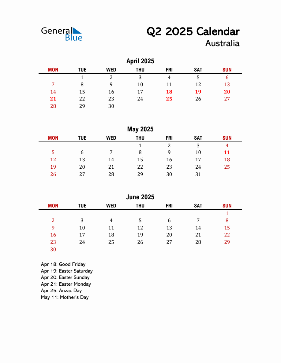 2025 Q2 Calendar with Holidays List for Australia