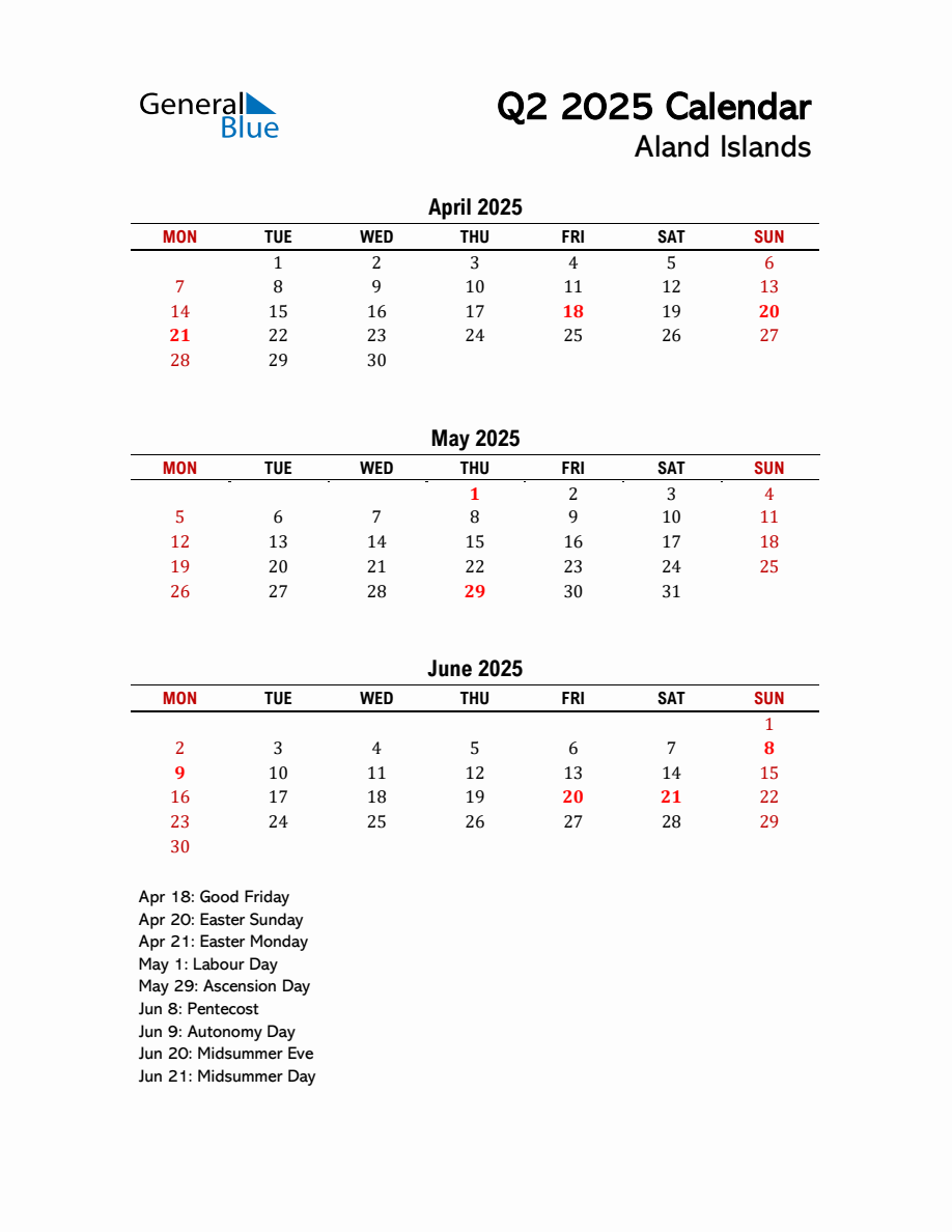 2025 Q2 Calendar with Holidays List for Aland Islands