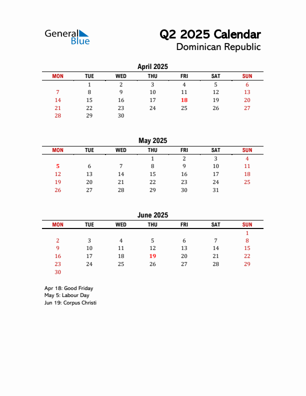 2025 Q2 Calendar with Holidays List for Dominican Republic
