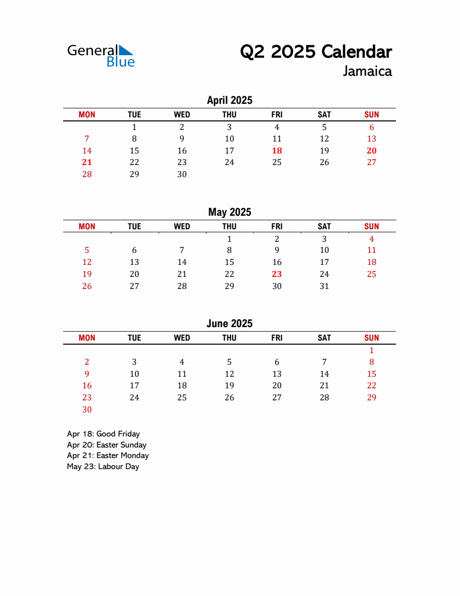 2025 Q2 Calendar with Holidays List for Jamaica