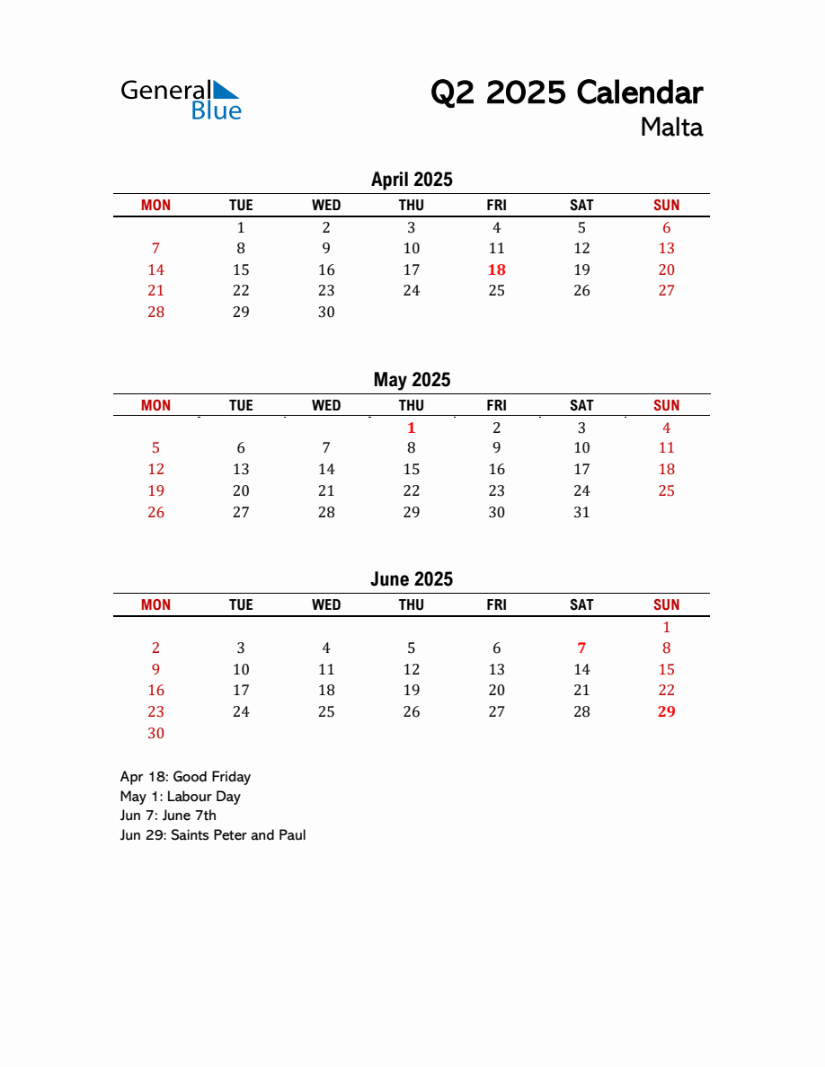 2025 Q2 Calendar with Holidays List for Malta