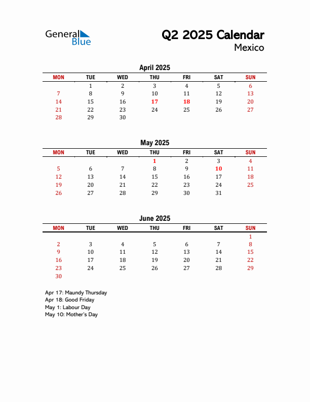 2025 Q2 Calendar with Holidays List for Mexico