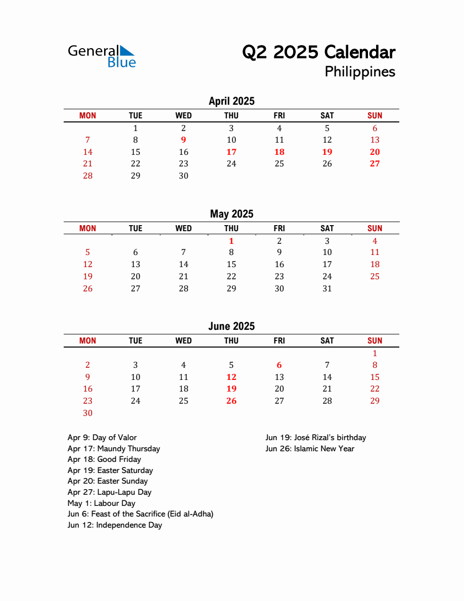 2025 Q2 Calendar with Holidays List for Philippines