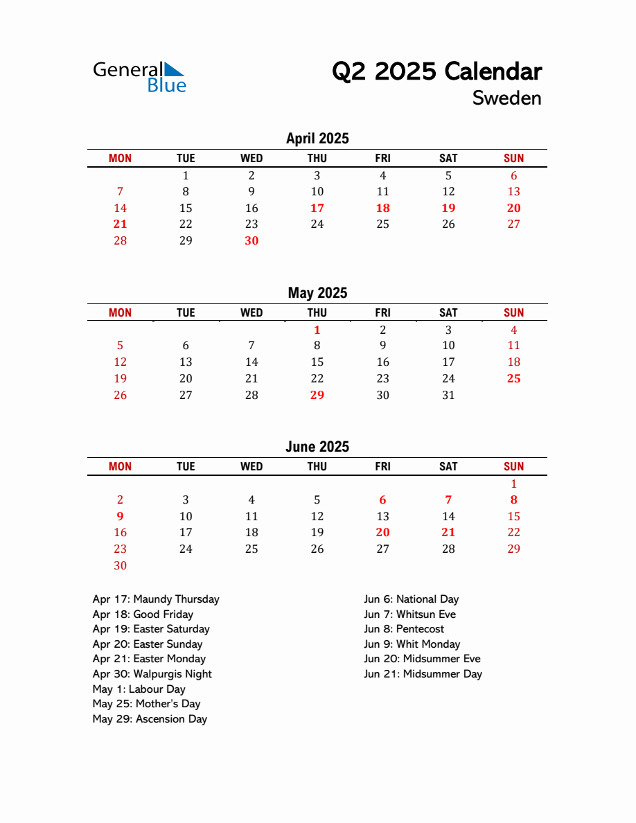 2025 Q2 Calendar with Holidays List for Sweden