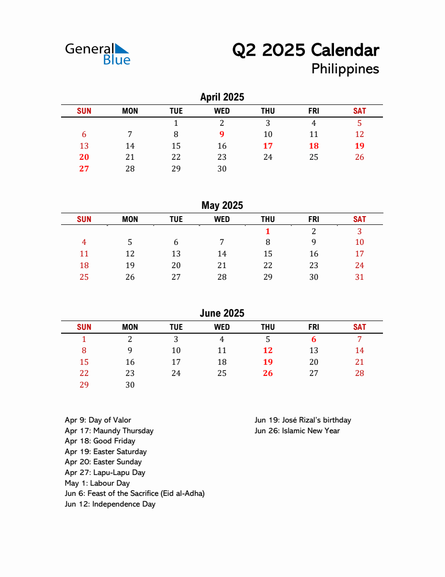 2025 Q2 Calendar with Holidays List for Philippines