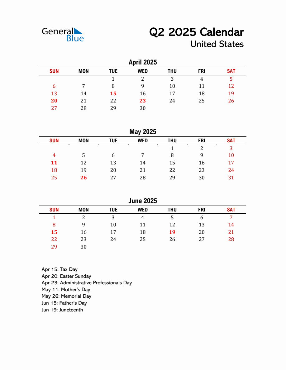 2025 Q2 Calendar with Holidays List for United States