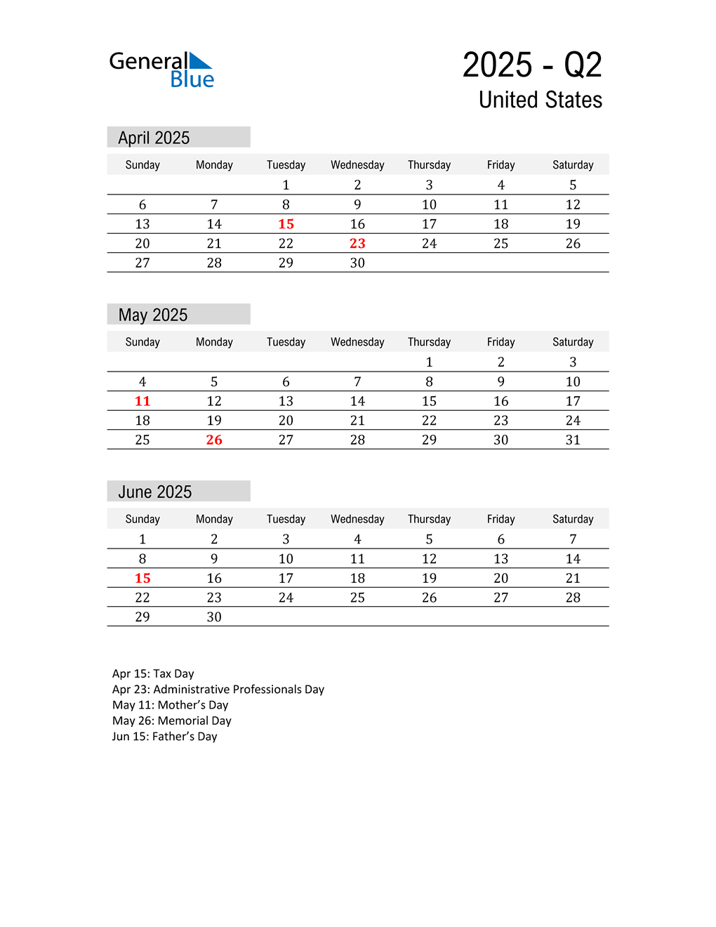 Q2 2025 Quarterly Calendar with United States Holidays