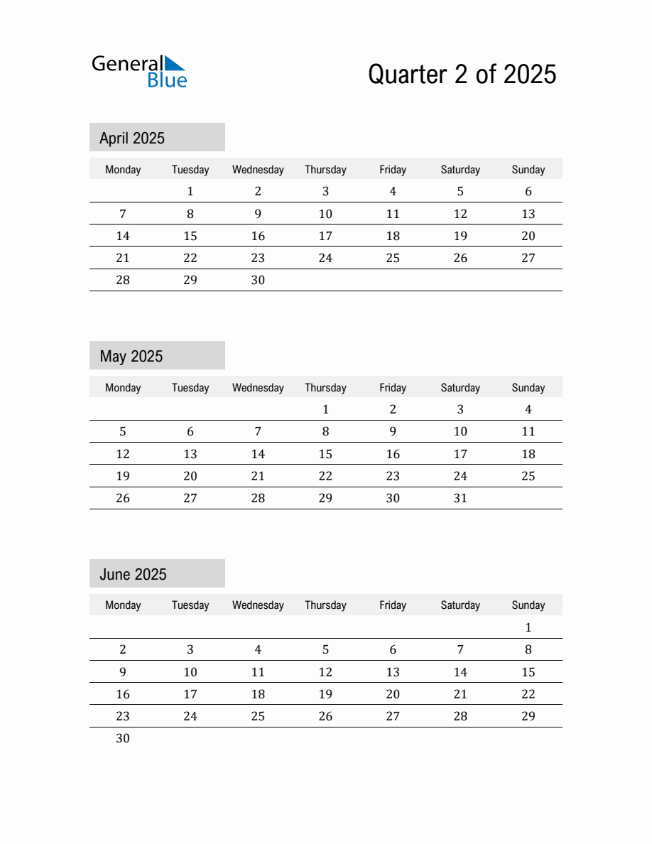 April, May, and June 2025 Calendar Template