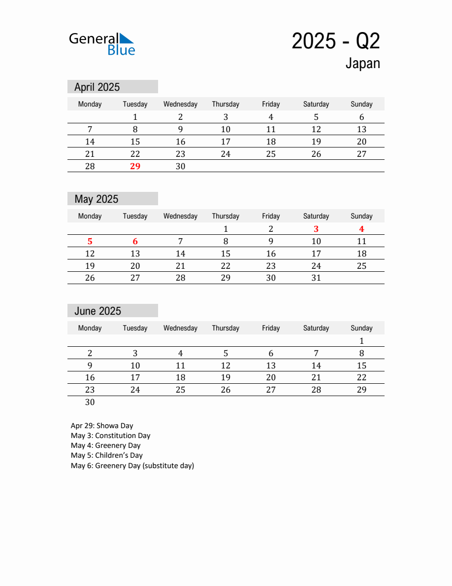 Japan Quarter 2 2025 Calendar with Holidays