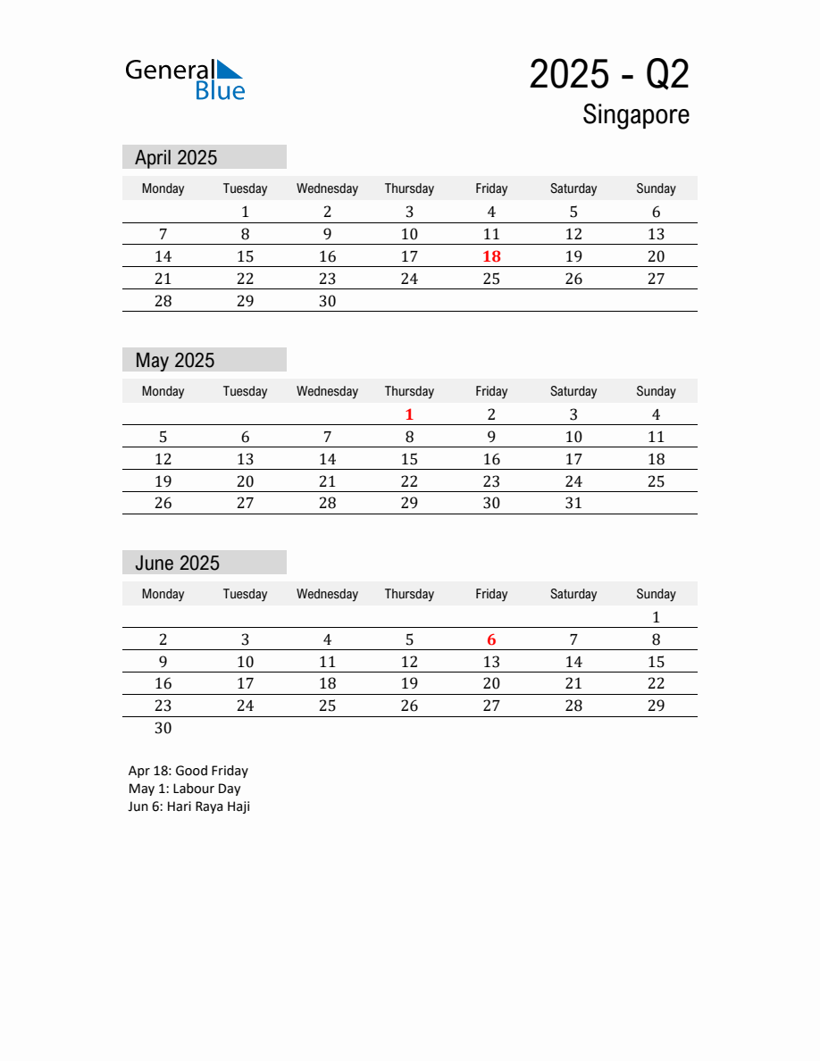 Singapore Quarter 2 2025 Calendar with Holidays