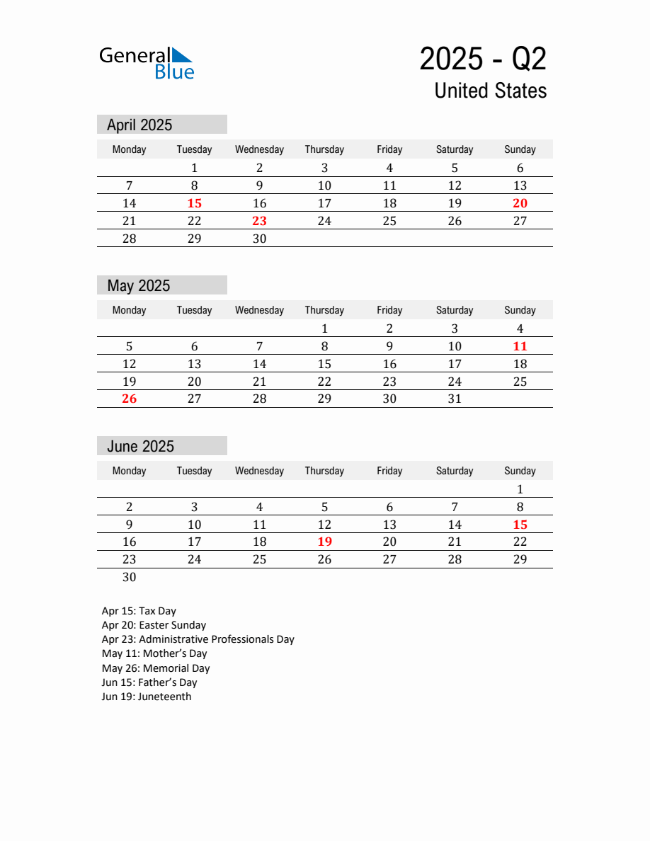 United States Quarter 2 2025 Calendar with Holidays