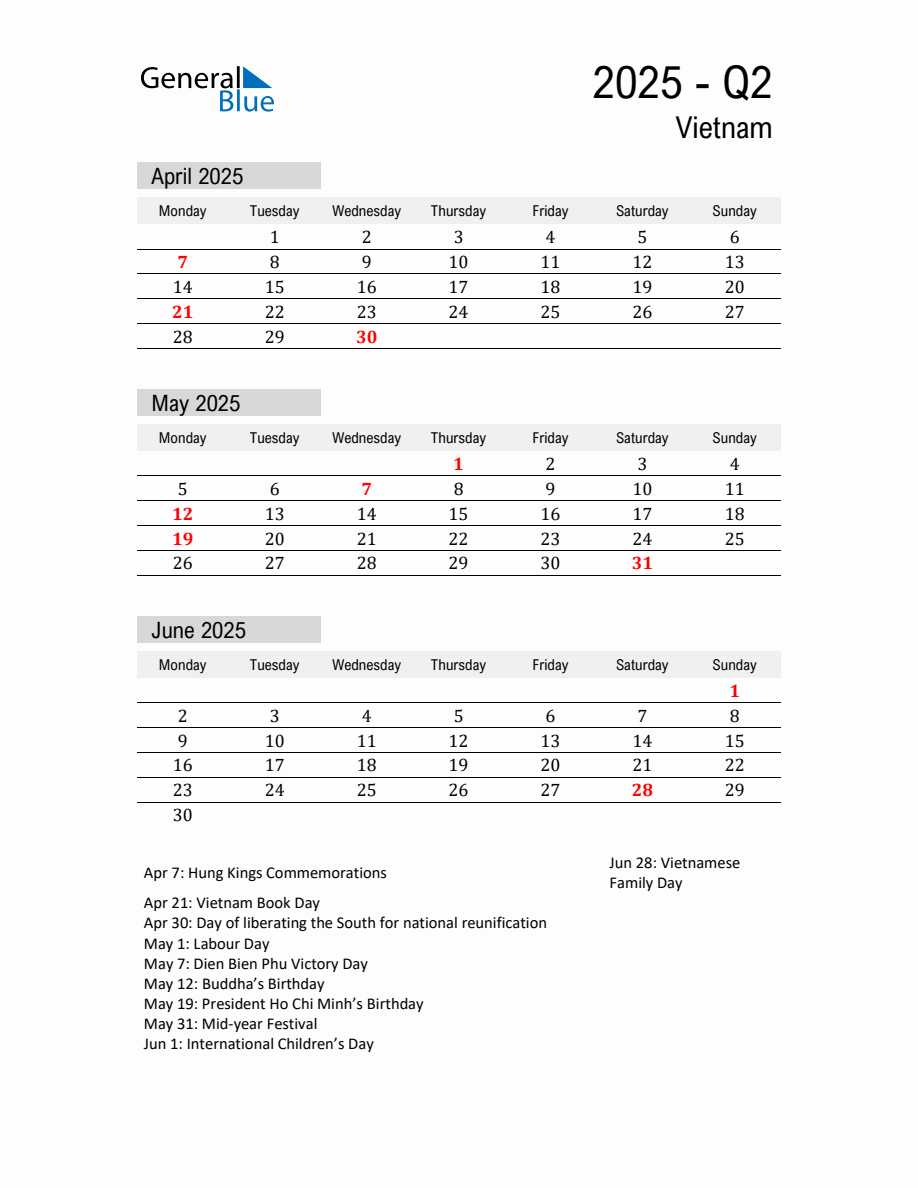 Vietnam Quarter 2 2025 Calendar with Holidays
