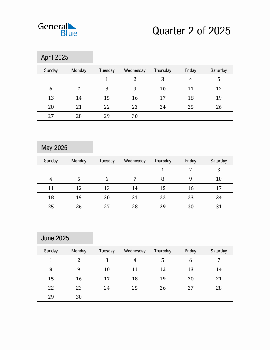 April, May, and June 2025 Calendar Template