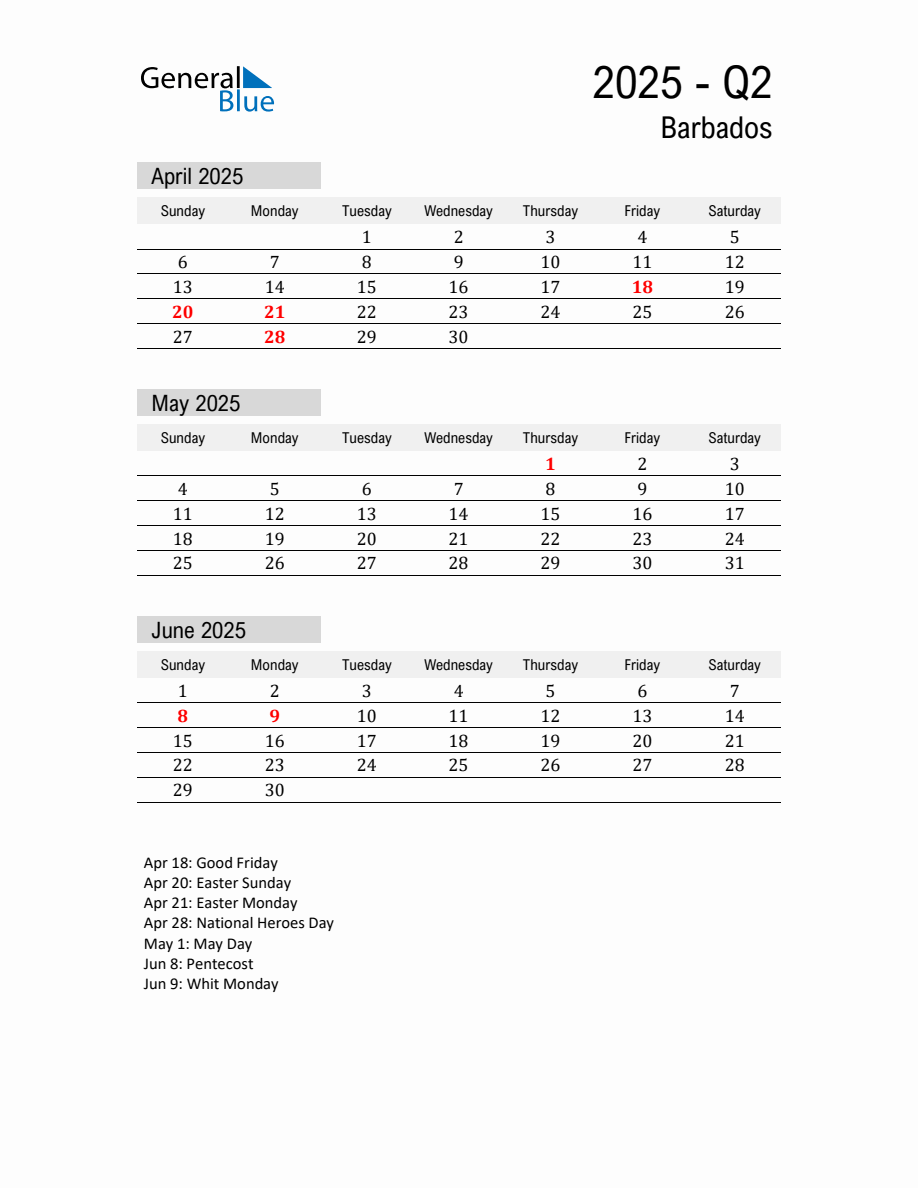 Barbados Quarter 2 2025 Calendar with Holidays