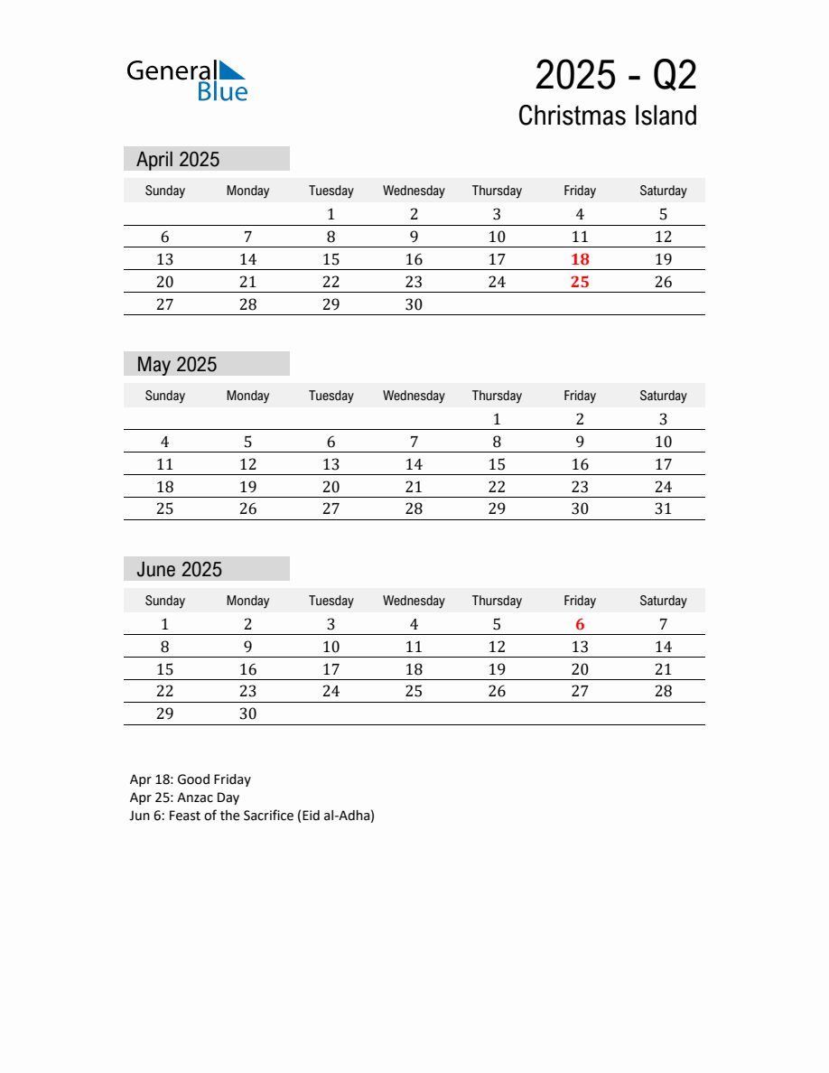 Christmas Island Quarter 2 2025 Calendar with Holidays