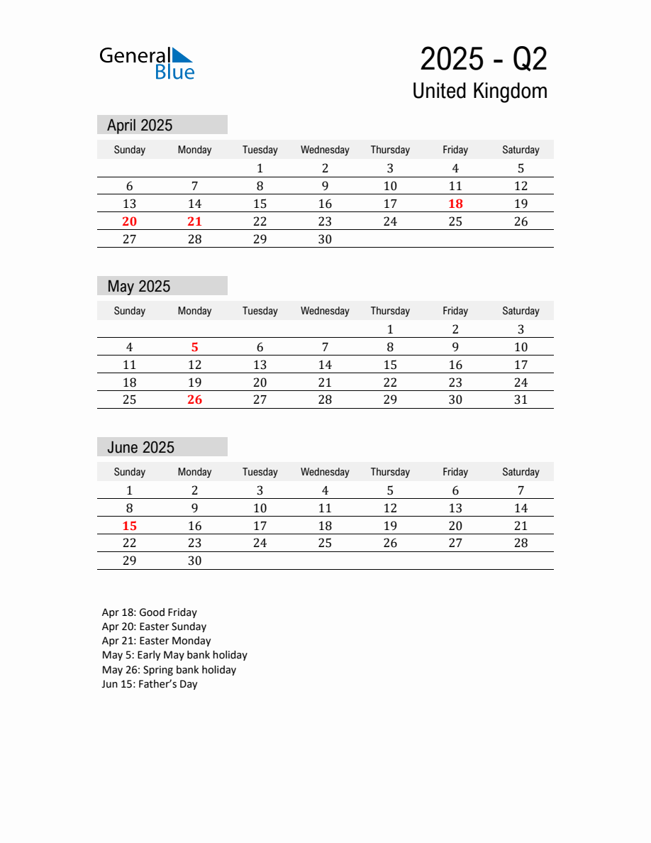 United Kingdom Quarter 2 2025 Calendar with Holidays