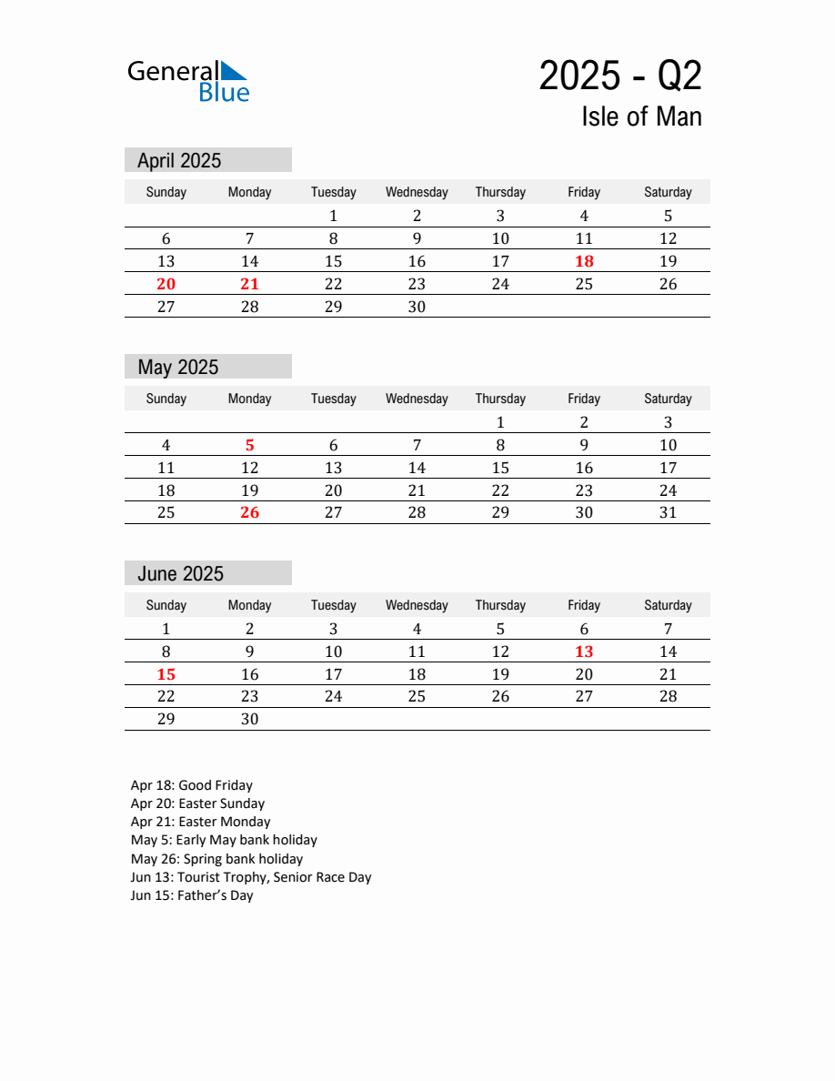 Isle of Man Quarter 2 2025 Calendar with Holidays