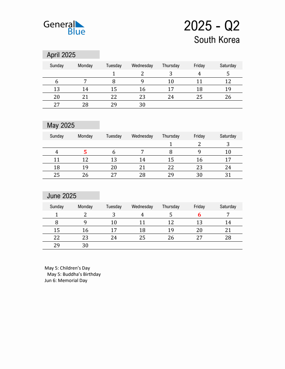 South Korea Quarter 2 2025 Calendar with Holidays