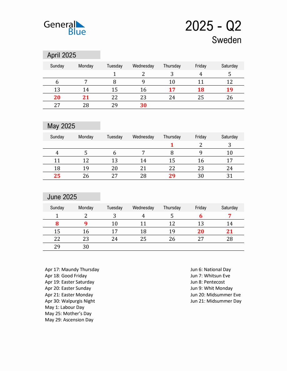 Sweden Quarter 2 2025 Calendar with Holidays