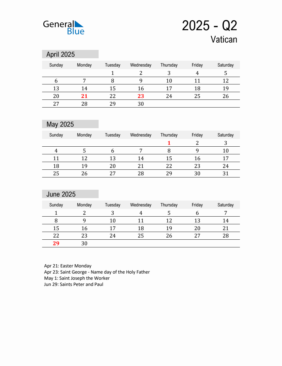 Vatican Quarter 2 2025 Calendar with Holidays