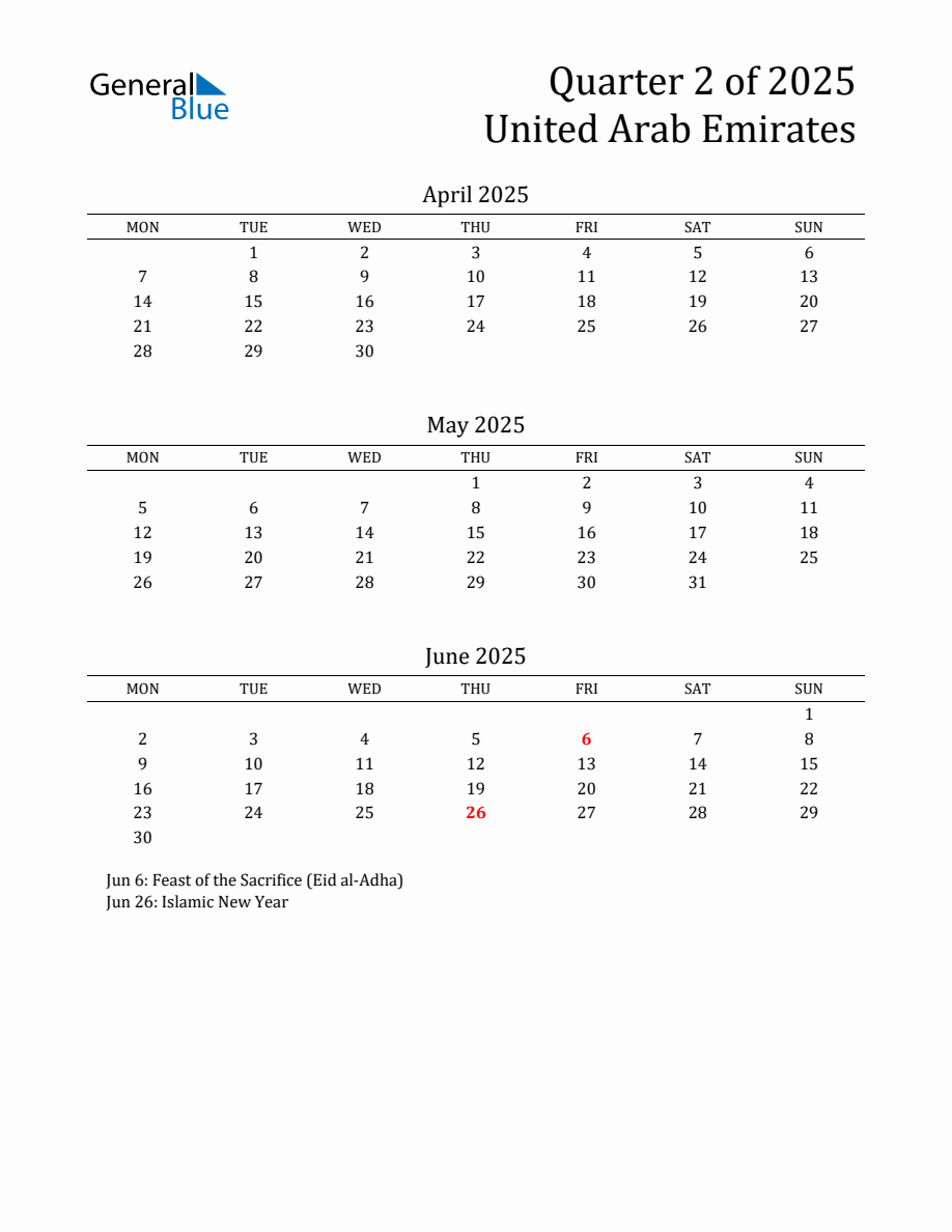 Quarter 2 2025 United Arab Emirates Quarterly Calendar