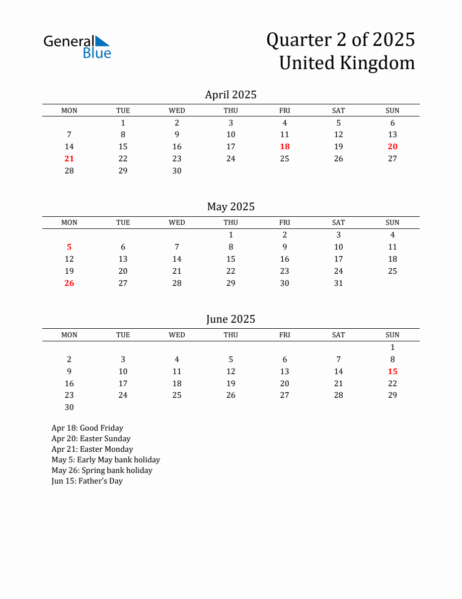 Quarter 2 2025 United Kingdom Quarterly Calendar