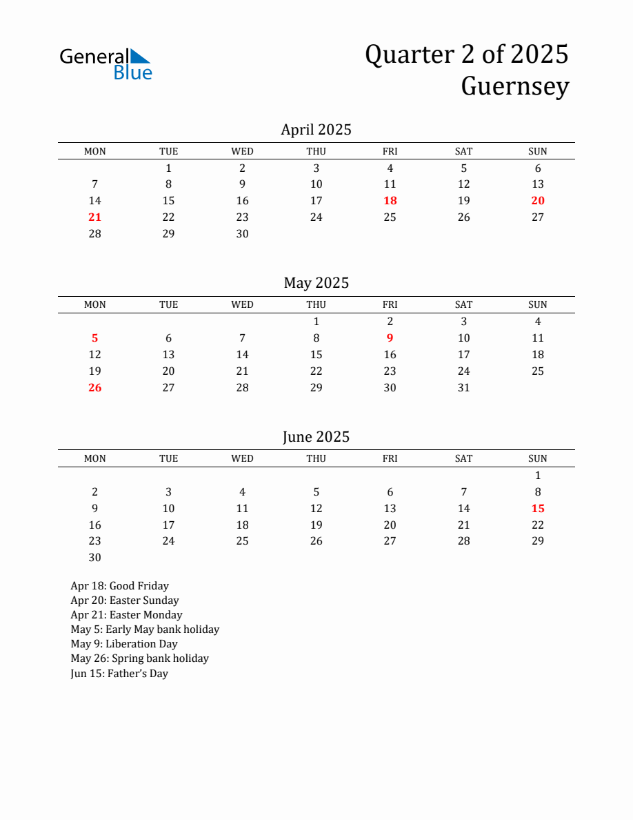 Quarter 2 2025 Guernsey Quarterly Calendar