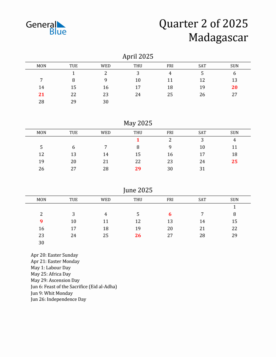 Quarter 2 2025 Madagascar Quarterly Calendar