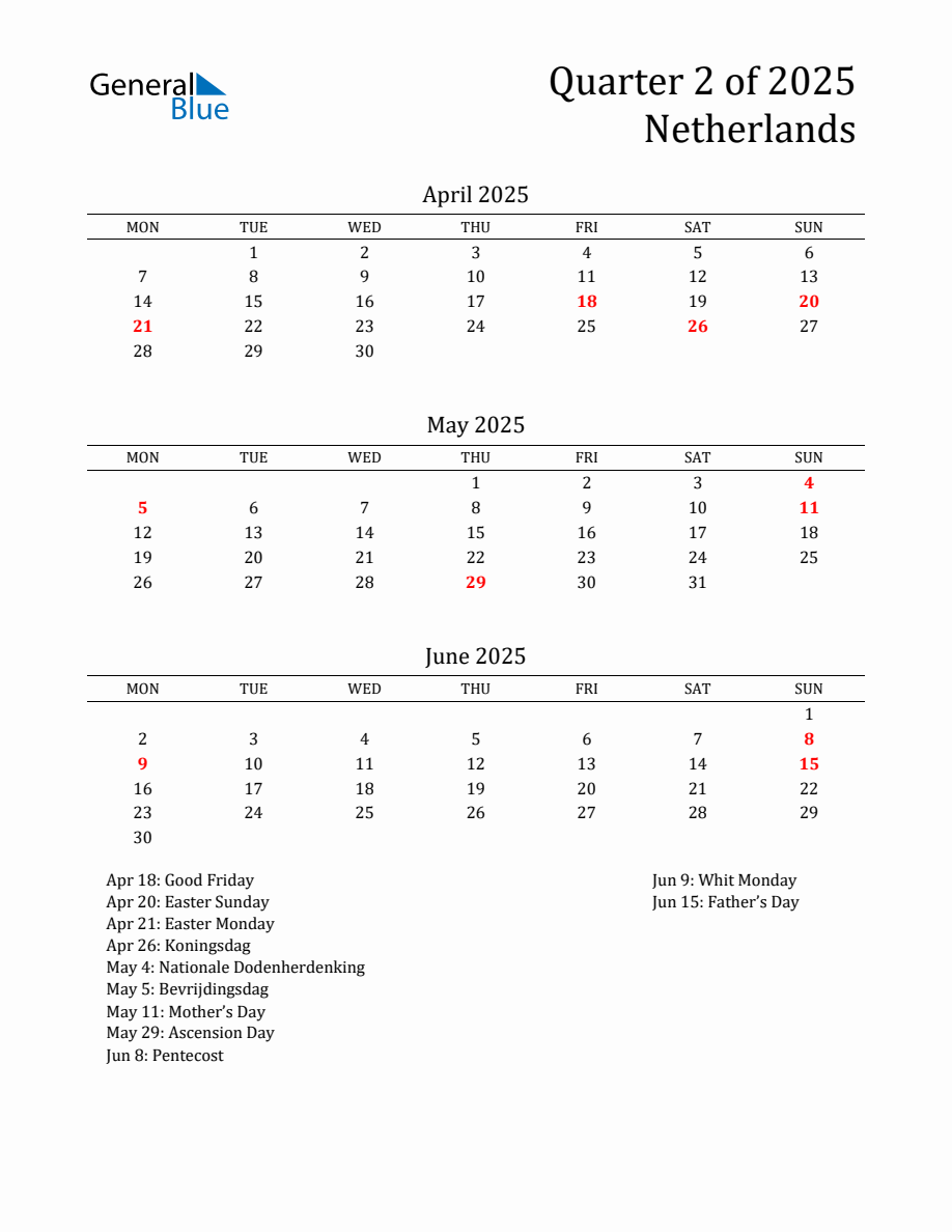 Quarter 2 2025 Netherlands Quarterly Calendar