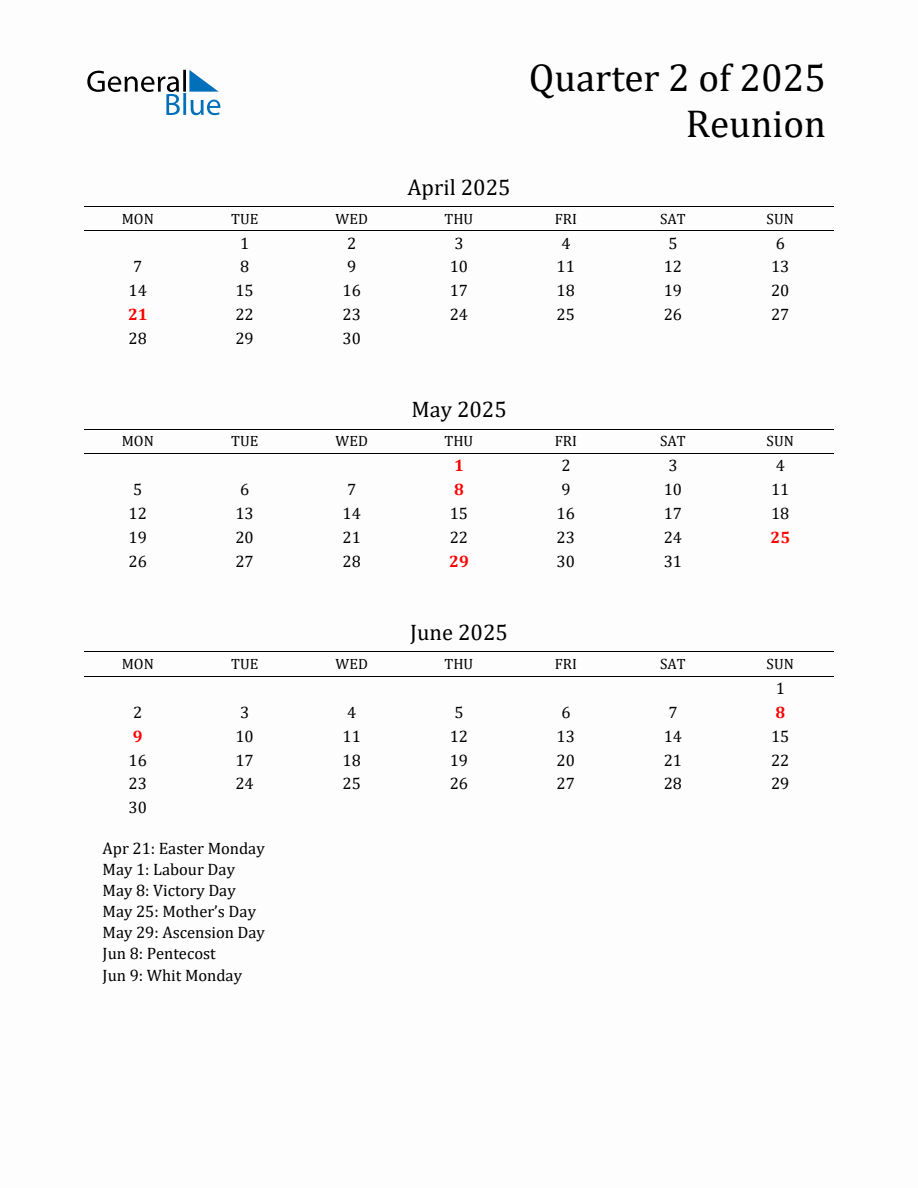 Quarter 2 2025 Reunion Quarterly Calendar