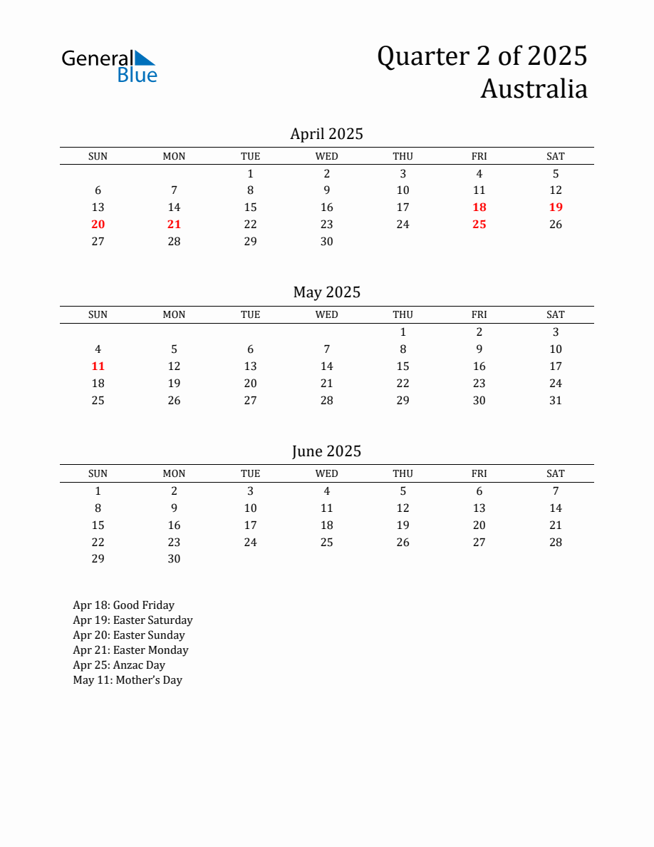 Quarter 2 2025 Australia Quarterly Calendar