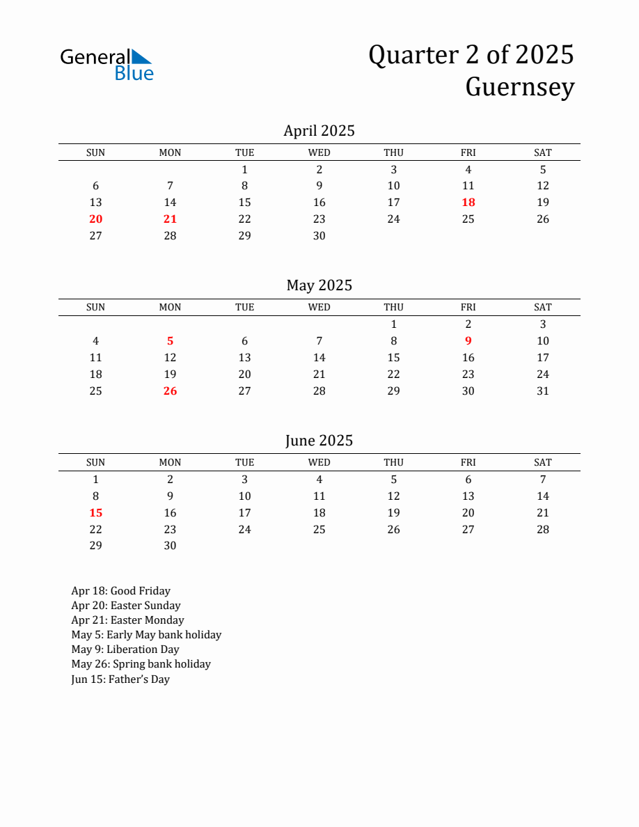 Quarter 2 2025 Guernsey Quarterly Calendar